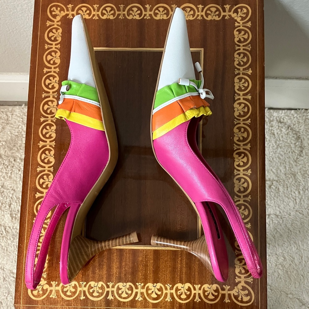 New 38 Escada Shoes Pink White Yellow Orange Green - Picture 4 of 9